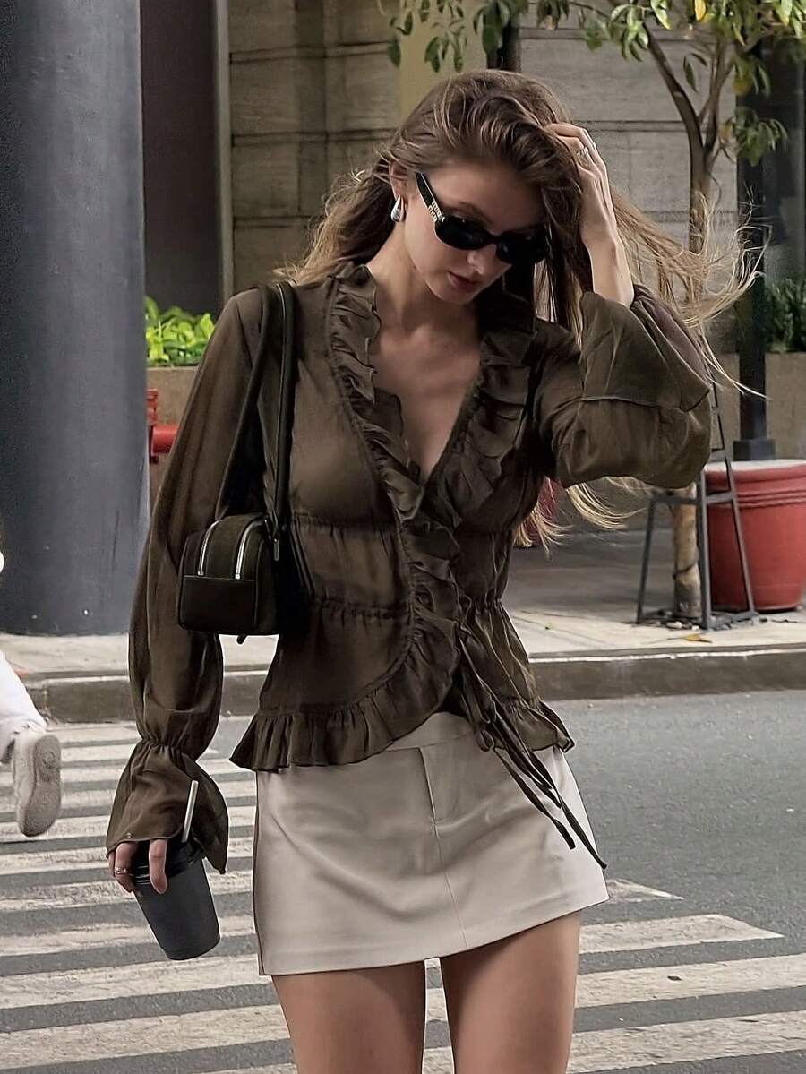 2026 New Autumn Elegant Women's Solid Color Ruffle V-Neck Tie Design Ruched Waist Flare Sleeve Lightweight Casual Blouse For Daily Wear, Outings, Parties And Vacation - Olive Green - View 1