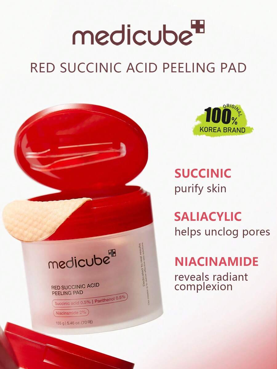 Medicube 紅色琥珀酸去角質棉片 2024，細緻肌膚紋理與提亮，舒緩保濕，溫和適用於所有膚質，長效保濕，K-Beauty，韓國彩妝，Olive Young，禮品 155g/5.46 Oz.*70片