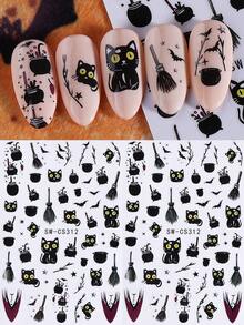 2 Sheets 3D Witchcraft Style Halloween Nail Stickers, Self-Adhesive Cat Witch Broom Hat Small Bat And Star Nail Decals, Spooky Cute Gothic Style Holiday Nail Art Supplies - Black - View 8