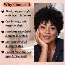 Women's Afro Kinky Curly Human Hair Wig With Bangs, Remy Brazilian Hair, Short Water Wave Pixie Cut, Elastic Mesh Cap, Full Machine Woven, Suitable For Festivals, Parties, Music Festivals - Natural Black - View 6