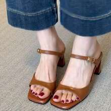 Women's 2026 Summer New Open Toe Slide Sandals, Retro Square Toe Chunky High Heel Commuter Comfortable Wear Shoes - Brown - View 2