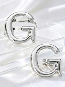 1組誇張設計金屬粗款亮面字母G開口可調節手鍊 + 1件高級字母戒指珠寶套組 - 復古銀色 - 查看 2