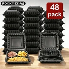 FookmeKag [48 Sets] Black 3 Compartments], Plastic Food Preparation Container, Made Of PP Material, Reusable, Can Be Put In Dishwasher, Microwave Oven & Freezer, Suitable For Food Preparation, Christmas Parties, Halloween Events, Gifts, Kitchen. - 規格 - 查看 1
