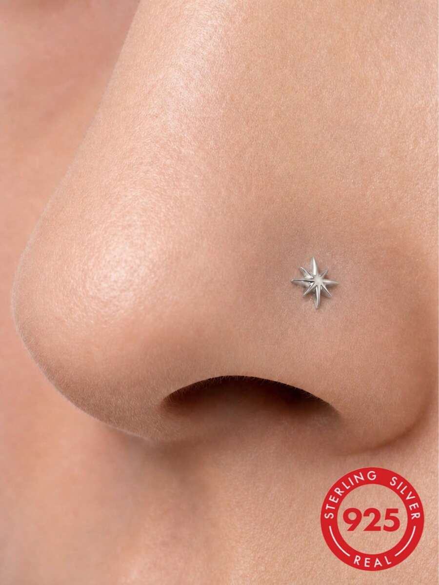 1 buah Anting Hidung Bintang Segi Delapan Perak Sterling 925 dengan Bagian Belakang Datar, Perhiasan Tindik Tubuh Hipoalergenik, Cincin Hidung, Unisex, Cocok untuk Pemakaian Sehari-hari dan Hadiah