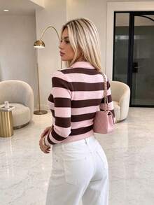 MORI Cardigan Wanita Musim Gugur Musim Dingin Y2K Pink Cokelat Bergaris Ritsleting Penuh Kerah Berlipat Lengan Panjang Pas Badan Rajut Bergaris Pendek Atasan Sweater - Merah muda dan cokelat - View 5