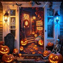 1 pieza Pancarta de puerta de Halloween oscura, calabaza multicolor, esqueleto, bruja, calavera, pared agrietada de terror, tela para cubrir la puerta, decoración espeluznante para el porche delantero y la puerta principal del hogar, decoración para fiesta de Halloween, casa embrujada, entrada del jardín, fondo de cabina de fotos, Navidad, Halloween - Fondo de Halloween - Ver 6