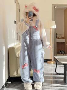 1件女款可愛貓咪毛絨連帽浴袍，柔軟法蘭絨長袖居家服，附口袋與粉色蝴蝶結裝飾，白色與藍色貓咪圖案寬鬆保暖浴袍，適合春、秋、冬季，舒適居家套裝，派對理想禮物 - 彩色 - 查看 19