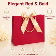 11pcs Red Kraft Paper Gift Bags With Gold Satin Ribbon And Twisted Rope Handles, Luxury Holiday Gift Tote Bags, Durable Paper Shopping Bags, Suitable For Christmas, Wedding, Birthday, Boutique Packaging And Other Occasions. - View 3