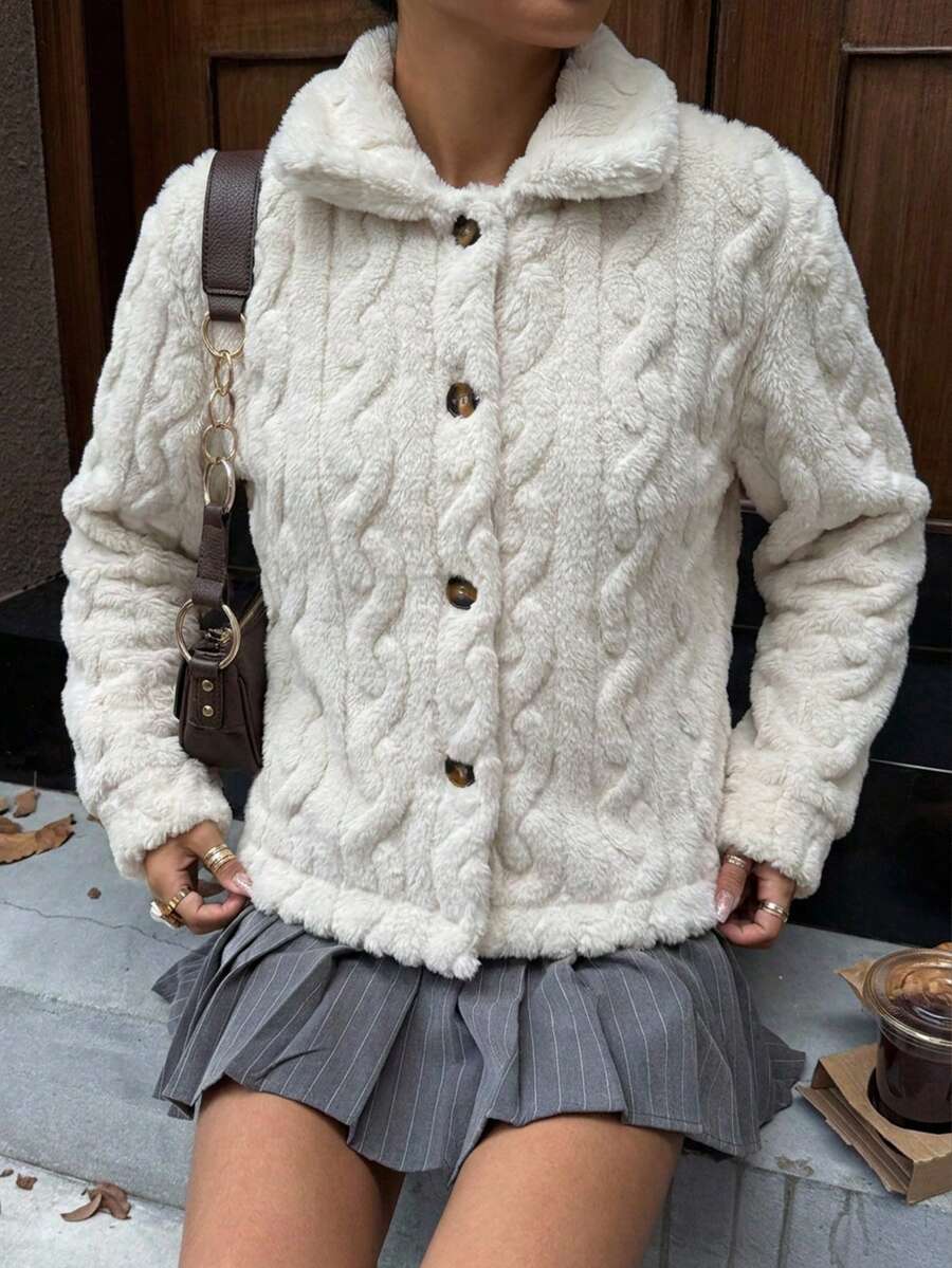 女款秋冬純色雙面絨毛翻領鈕扣短夾克 白色 - 白色 - 查看 1