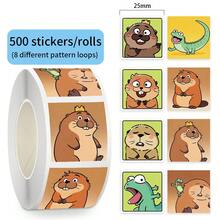 500pcs Cute Cartoon Square Sticker Roll, Kawaii Beaver Frog Lizard Animal Sticker, Self-Adhesive Waterproof Labels With Different Designs, Used For Gift Sealing, Scrapbook, DIY Crafts, Packaging Decoration. - Multicolor - View 2