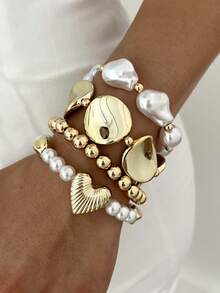4pcs Vintage Elegant CCB Women's Round Disc Heart Pearl Bracelets, Suitable For Daily Commute, Party, Date And Vacation Wear, Gift For Women - Gold - View 1
