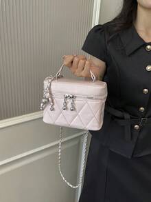 1件黑色休閒百搭小方型手提包，時尚刺繡格紋布料，適合收納手機、口紅、硬幣，購物小包、錢包，適合年輕女性、大學生、職場新人、白領族，適用於辦公室、大學、工作、商務、通勤、戶外活動、旅行與外出 - 粉色 - 查看 2