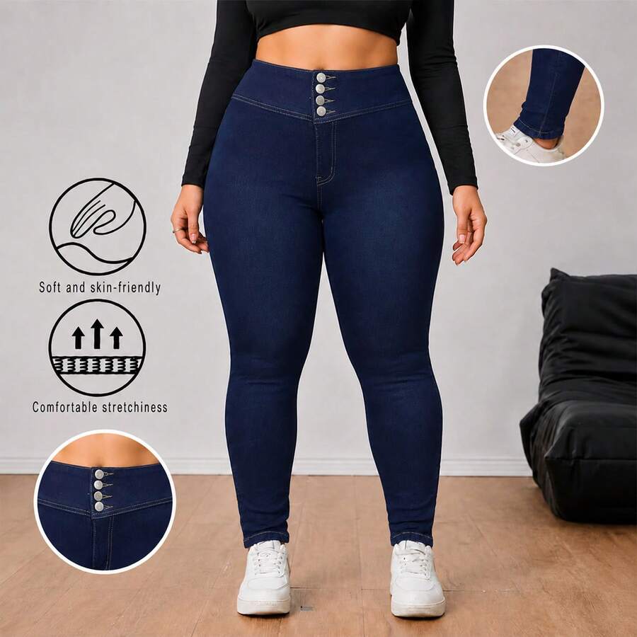 Celana Jeans Slim Fit Ukuran Plus Eropa & Amerika dengan Kancing Praktis, Desain Garis 3D, Tanpa Bukaan Saku Depan dan Belakang, Kasual Musim Gugur - Biru - View 1