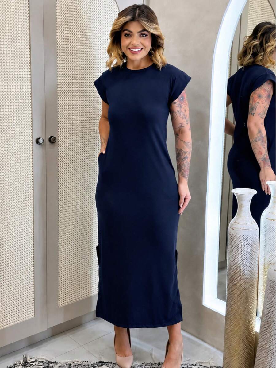 Vestido Longo Fenda Manga Bolso Elegante Feminino Casual Malha Diário Azul Marinho - Azul Marinho - Visão 1