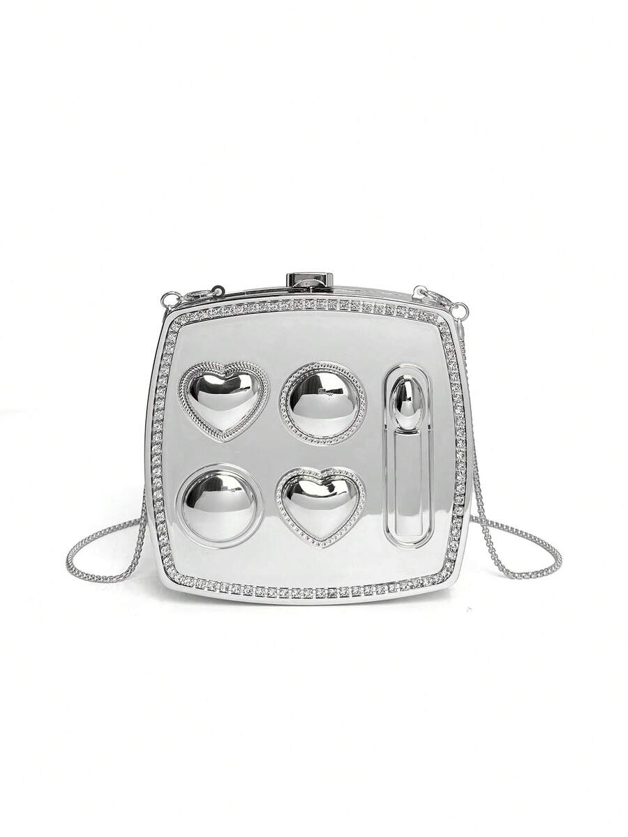 FOREVER MIYIN Metal Heart-Shaped Embossed Square Clutch, Rhinestone Trim Chain Crossbody Bag, Mini Evening Handbag, Suitable For Party And Wedding