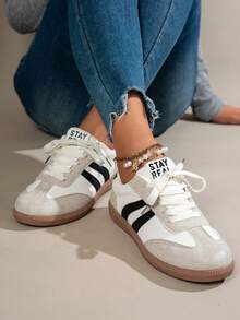1 Pair Women's Multi-Functional Spring/Autumn New Fashion Casual Shoes, Flat Lace-Up Round Toe Rubber Sole Skateboard Shoes, Black, White, Brown, Leopard Print, Khaki, Color Block, Daily Wear, Shoes, Casual Shoes, 36-42 Size, Fashion , Training Shoes, All Season Wear - Black - View 5