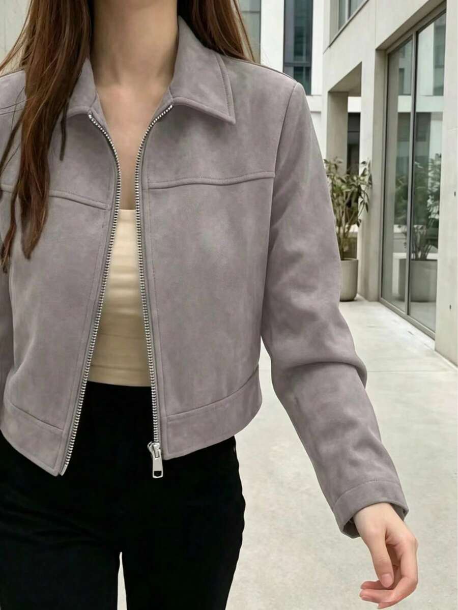 Chaqueta corta casual de mujer de unicolor con cuello de felpa de ante sintético, para primavera/otoño e invierno - Gris - Ver 1