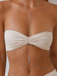 STONEFANS 1pc Gold Sexy Bohemian Y-Shaped Necklace + Waist Chain Integrated Body Jewelry, Shiny Body Accessory For Women Bikini Beach Vacation Summer Party Music Festival Nightclub Crop Top Outfit - Silver - View 1