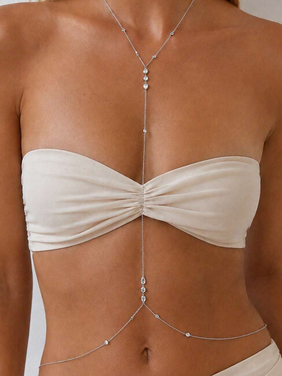 STONEFANS 1pc Gold Sexy Bohemian Y-Shaped Necklace + Waist Chain Integrated Body Jewelry, Shiny Body Accessory For Women Bikini Beach Vacation Summer Party Music Festival Nightclub Crop Top Outfit - Silver - View 1