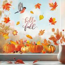 4入組「Hello Fall」窗貼，知更鳥、南瓜與楓葉圖案窗貼，雙面秋季豐收感恩節玻璃貼紙，適合居家窗戶裝飾 - 彩色 - 查看 6