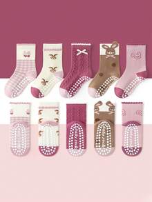 5 Pairs Kids Floor Socks, Pink Cherry Rabbit Pattern, Dotted Grip, Boys Girls Baby Toddler Soft Sole Indoor Anti-Slip Japanese Cartoon Mid-Calf Socks - Multicolor - View 1