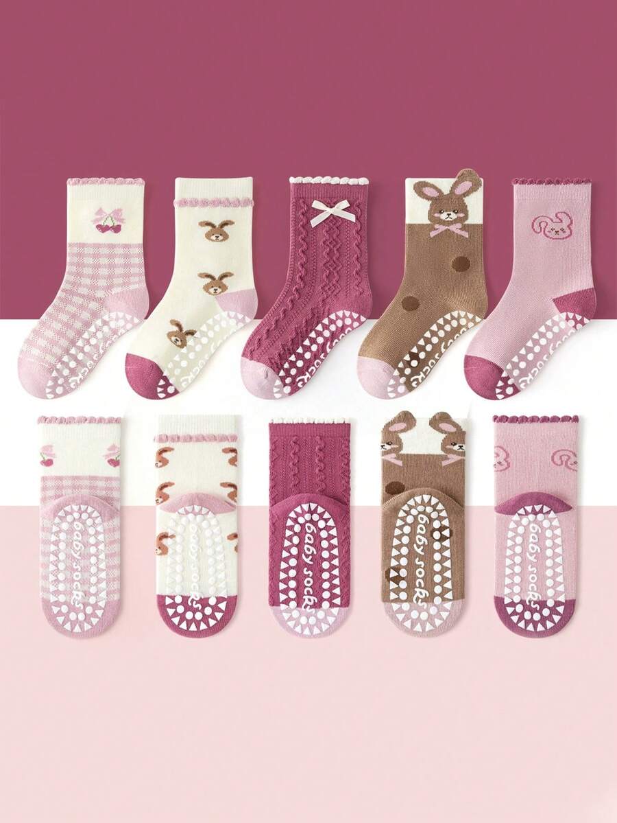 5 Pairs Kids Floor Socks, Pink Cherry Rabbit Pattern, Dotted Grip, Boys Girls Baby Toddler Soft Sole Indoor Anti-Slip Japanese Cartoon Mid-Calf Socks - Multicolor - View 1