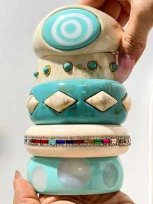 Contrast Marble Pattern Resin Wide Bracelet, Marble Texture Design, Luxury Inlaid Colorful Stones, Thick Exaggerated Niche Design Jewelry Bangle - Multicolor B - View 3