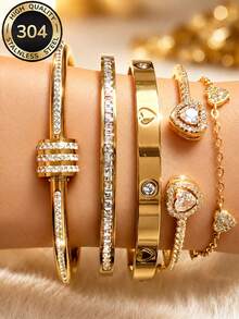 Znice Fashion Stainless Steel + Copper 18K Gold Plated Women's Shiny Square Zirconia Bracelet Paired With Gold Heart Copper Full Rhinestone Open Bracelet Set, Suitable For Women's Daily Wear, Holiday Gift Giving, Fashionable Women's Bracelet Set - Gold - View 3