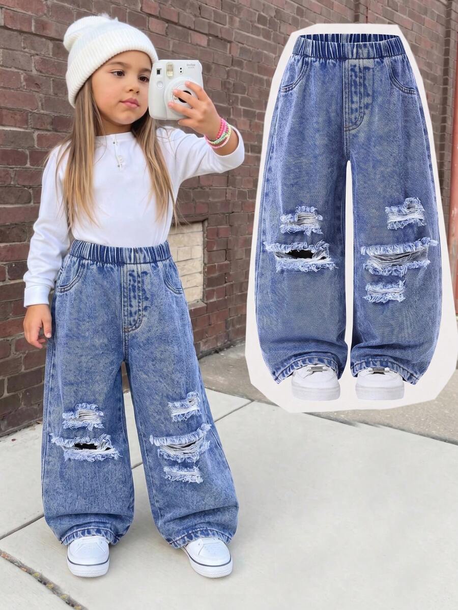 Girls Y2K Distressed Frayed Ripped Baggy Denim Pants, Elastic Waist Acid Wash Wide Leg Young Girl Jeans - Medium Wash - View 1