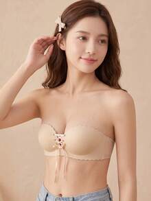 Women's Wavy Edge Tie-Up Bandeau Bra, Push-Up Padded Unlined Comfortable Lingerie [Suitable For Flat Chest] - Apricot - View 3