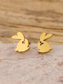 1 paire de boucles d'oreilles clous mini lapin en acier inoxydable doré, bijoux d'oreilles animal mignon de dessin animé hypoallergénique pour tenue quotidienne des femmes - GED904 - Voir 7
