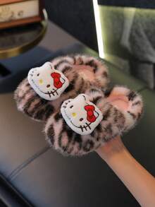 Hello Kitty Girls' Plush Leopard Print Kitty Slippers, New Thick Soft Warm Closed-Toe House Shoes For Autumn/Winter - Grey - View 8