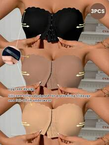 3 Buah Bra Bandeau Berbentuk Kipas Warna-warni dengan Penutup Depan, Bra Tanpa Tali, Tak Terlihat, Tanpa Kawat, Nyaman, dan Anti Selip yang Lebih Tebal untuk Wanita - MultiWarna - View 1