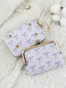 With A Chain Keychain, Fashionable Bow Print Zipper Credit Card Storage Bag With Multiple Compartments, Suitable For Travel - Purple - View 4