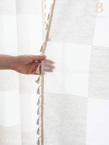 Bubaba Boho Textured Sheer Curtain Panel With Tassel Trim, Beige Patchwork Voile Window Drapes For Living Room, Bedroom And Farmhouse Decor - Beige - View 11
