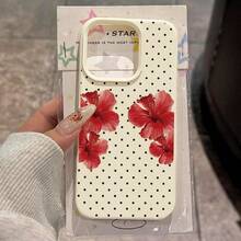 1 buah Casing Ponsel TPU Bahan Motif Bunga Hibiscus Merah Polkadot Cerah Kompatibel Dengan iPhone 17 Pro Max/17/16 Pro Max/15/13/12/11/ S20 FE/A15/S24/A55/ Note 11/Note 12/Note 13 Pro Pelindung Ponsel Soft Shell Anti-Jatuh Cakupan Penuh - Putih - View 2
