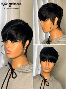MEGALOOK 6 Inch Silky Straight Short Wig With Bangs Natural Color 100% Human Hair Wigs Machine-Made Short Curly Wig Glueless Virgin Human Hair Curly Wig Bangs Wig Natural Looking - SNatural - View 8