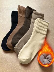 5 Pairs Women's Mid-Calf Socks, Solid Color, Marron Tone, Thermal Lined, Thickened, Warm, Cold-Resistant, Fashionable, Versatile, Suitable For Home, Sleep And Daily Wear - Multicolor - View 2