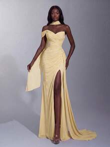 Elegant Off-Shoulder Choker Neckline Ruched Fitted Corset High Slit Bodycon Silhouette Evening Gown, Suitable For Photoshoots And Formal Dinner - Yellow - View 5
