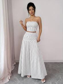 abyoxi Women's White With Black Polka Dot Floral Print Strapless Ruched Cropped Top + Flowy Long Skirt 2 Pieces Set Elegant Summer - Black Dots On White - View 5