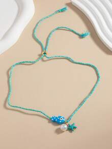 1pc Bestselling Summer Ocean Style Starfish Faux Pearl & Fish Pendant Colorful Dopamine Rope Necklace - Multicolor - View 3