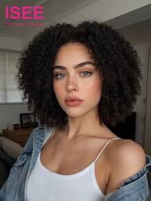ISEE Hair Afro Curly Invisi Draw-Strings 360 Lace Frontal Glueless Wig Wear And Go Bleached Knots Natural Color 14-26 Inch 180% Density Natural Scalp Look Pre-Plucked Hairline Invisible Lace Seamless Blend For Women - SNatural - View 2