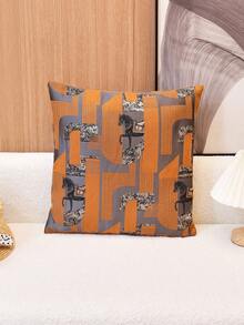 1pc Double-Sided Jacquard Horse & Floral Pattern Cushion Cover, Home Sofa Throw Pillow Case, Without Pillow Insert - Black and White - View 9