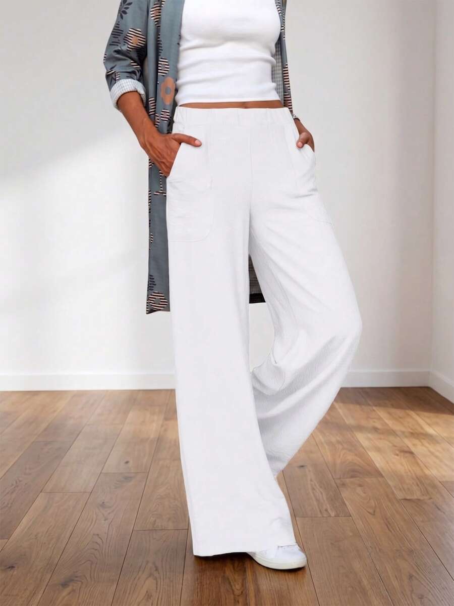 Women's Elastic Waist Palazzo Pants, Casual And Solid Color - White - View 1