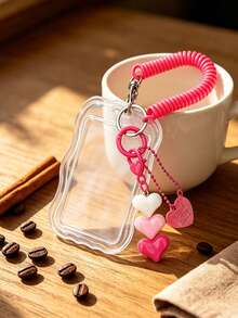 Transparent Wavy Card Holder With Portable Spring Rope Design, Heart Pendant Design, Durable Fashion Accessory, Suitable For Women, Cute And Practical Plastic Keychain, Campus Essential, Fashion Keychain, Cute Heart Pendant, Suitable For ID Card, Credit Card, Bus Card And Keys - Multicolor - View 7