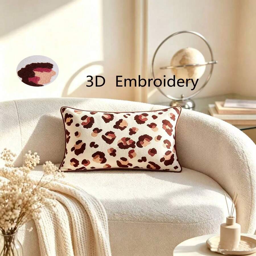 LCUHPCL 1pc American Retro 3D Embroidered Dual-Color Leopard Print Rectangular Pillow Case With Piping, Suitable For Living Room, Bedroom, Sofa, Car, Party, Restaurant And More