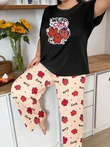 Plus Size Women's Casual Loungewear Pajama Set, Cute Funny Cartoon Monster Print Short Sleeve Top & Long Pants 2 Pieces Pajama Set - Black - View 1