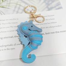 Blue Summer Popular PU Leather Marine Life Seahorse Keychain Handbag Backpack Car Clothing Decoration Pendant Friend Birthday Gift - A - View 5