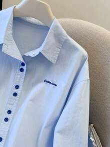 Women's Embroidered Letter Front Button Office Shirt - Baby Blue - View 2