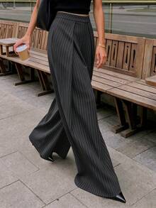 Women's Early Autumn Fashion Dark Gray Commuter Minimalist Blazer With Striped Overlap And Pockets, Suitable For Daily Casual And Formal Occasions, Long Pants - Dark Grey - View 3